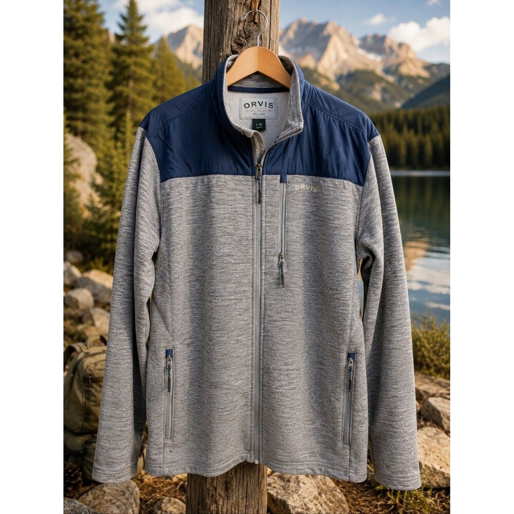 Orvis Bonded Fleece Jacket XL Gray Blue Full Zip Outdoor Hiking Windproof